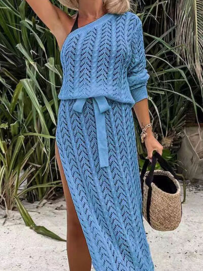 Slit Openwork Single Shoulder Knit Swim Dress (7 Variants)