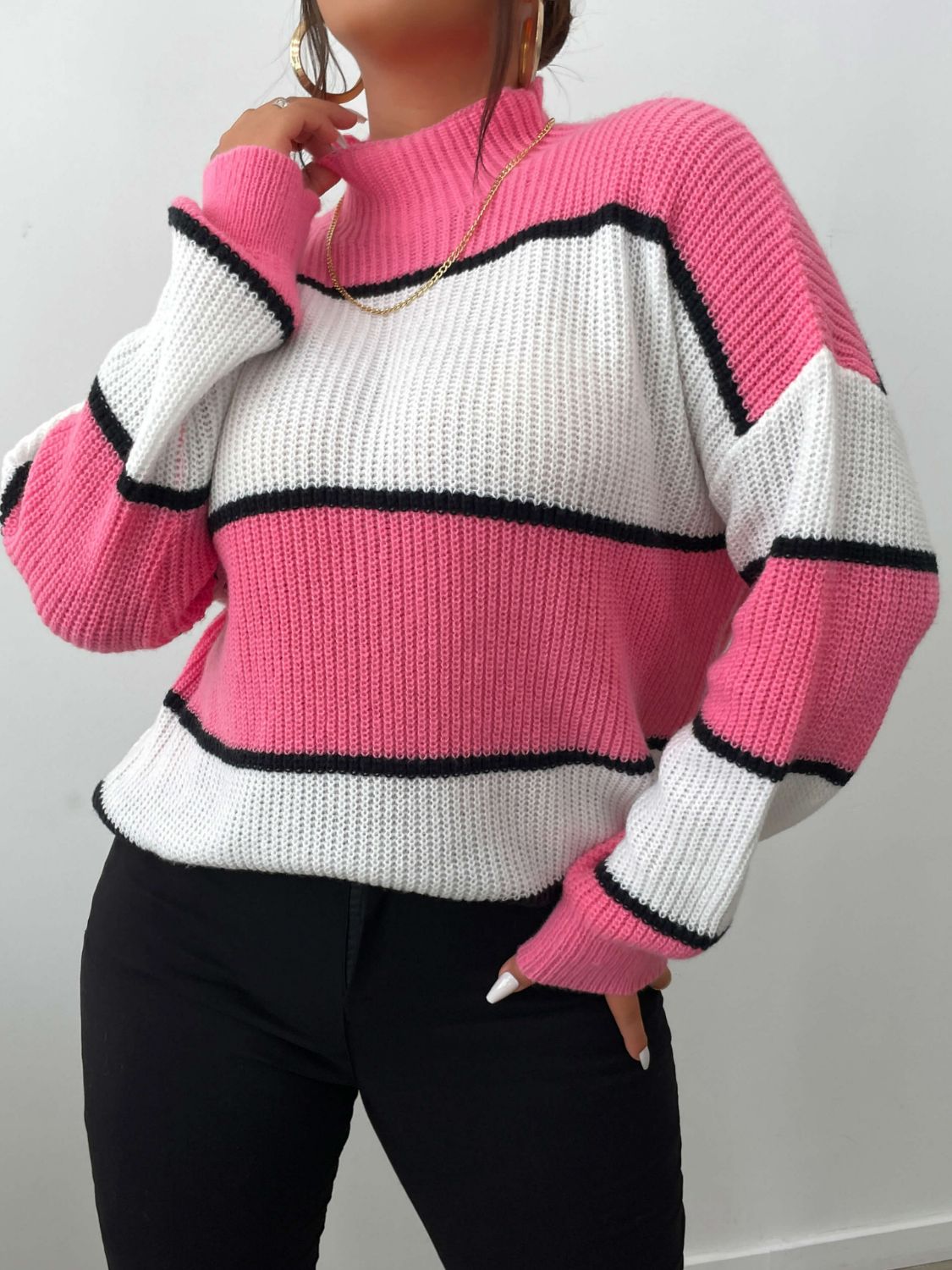 Plus Size Striped Color Block Dropped Shoulder Sweater