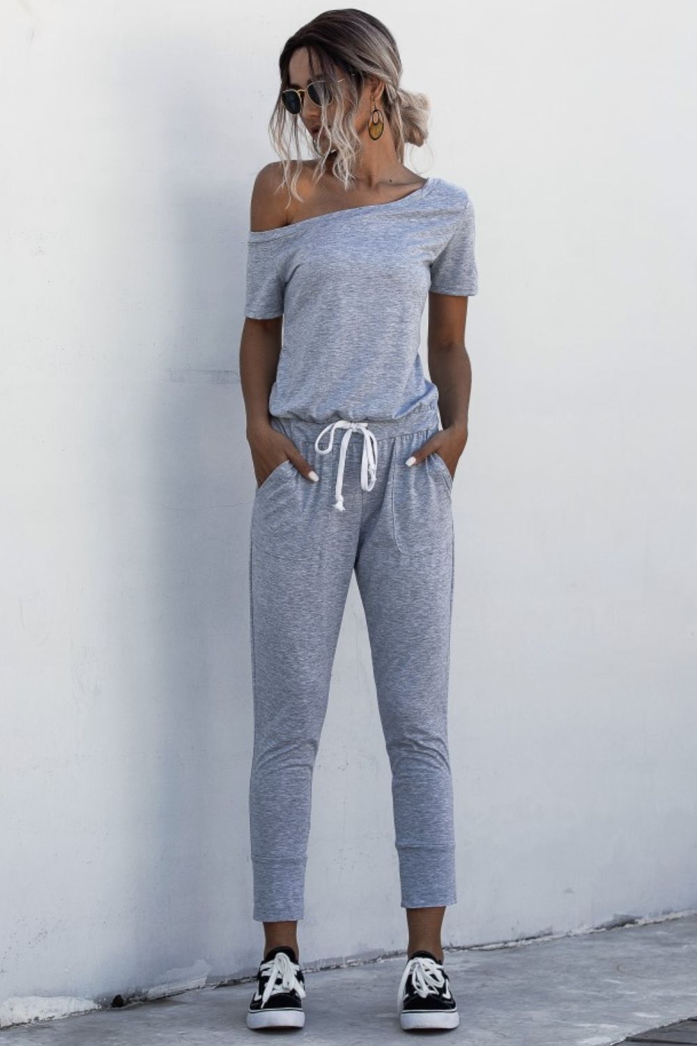 Asymmetrical Neck Tied Jumpsuit with Pockets (4 Variants)