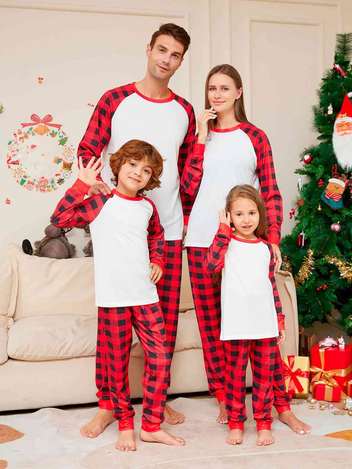 Matching Men's White/Red/Black Full Size Plaid Pajama Set