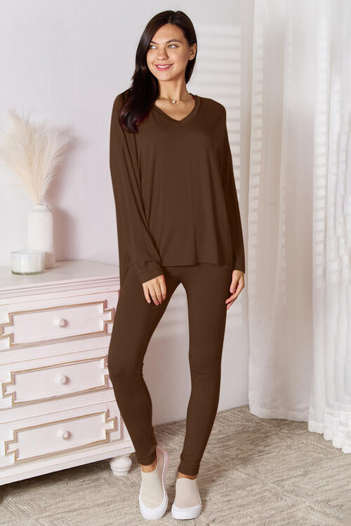 Full Size V-Neck Soft Rayon Long Sleeve Lounge Set