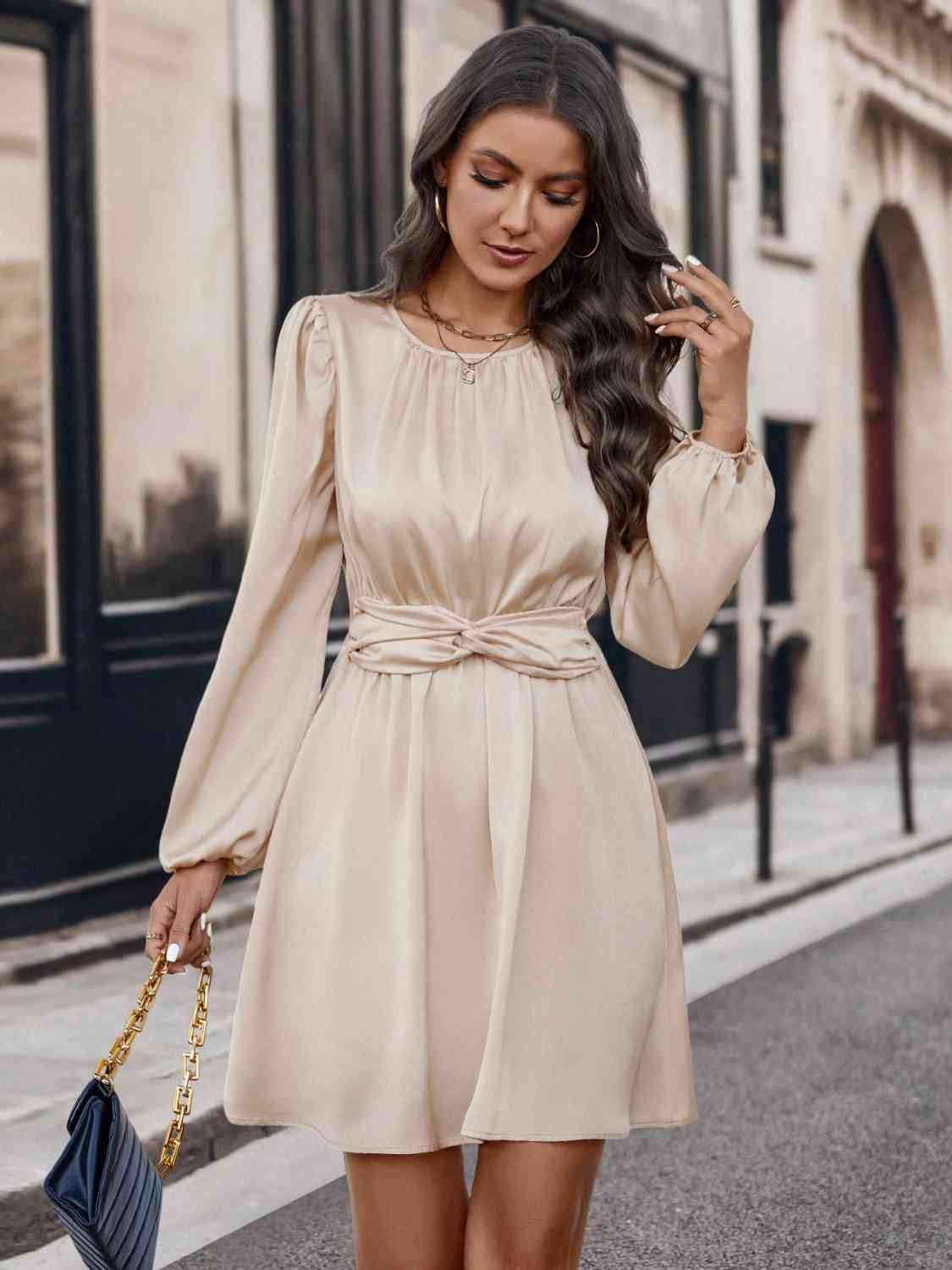 Twisted Round Neck Long Sleeve Dress (2 Variants)