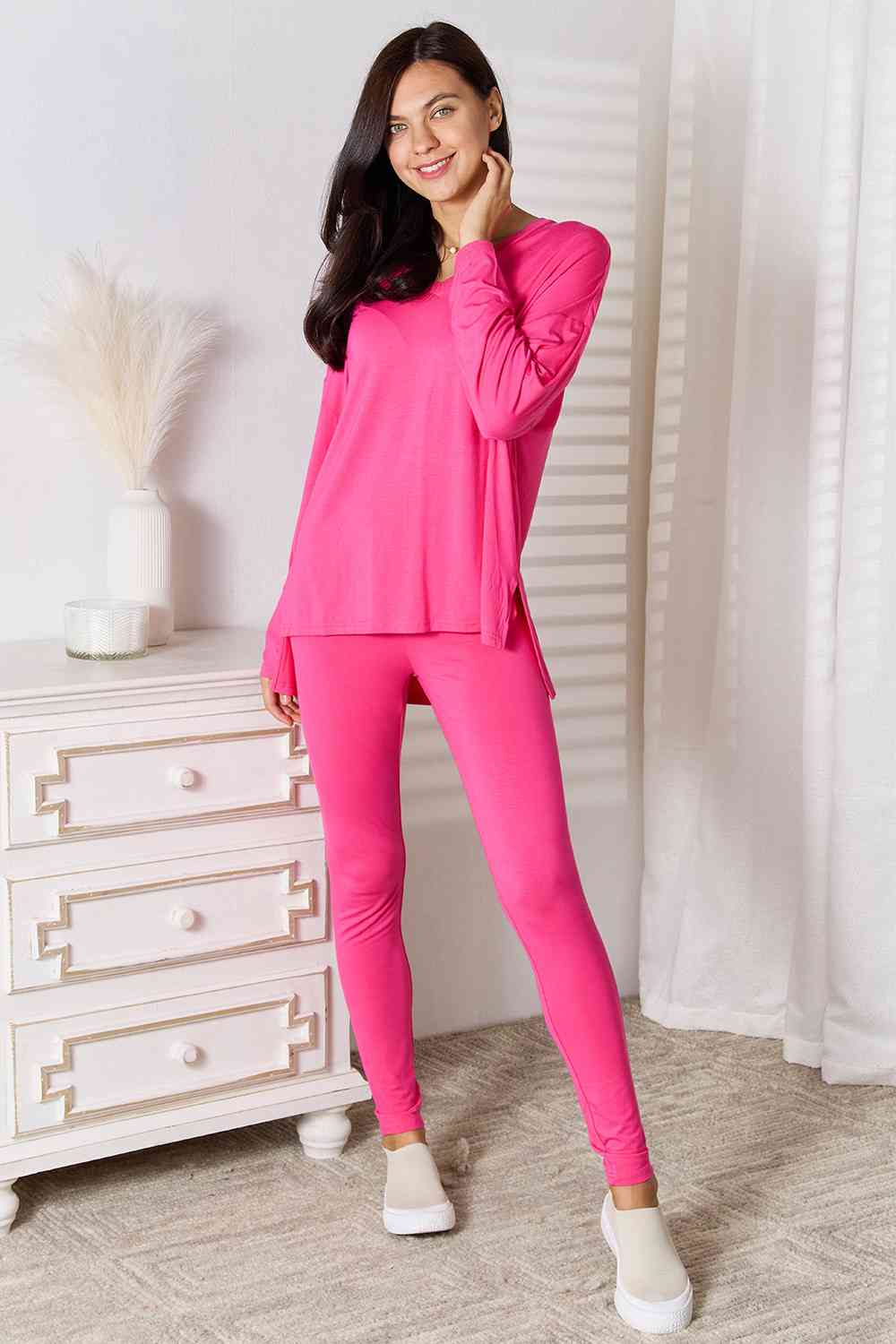 Full Size V-Neck Soft Rayon Long Sleeve Lounge Set