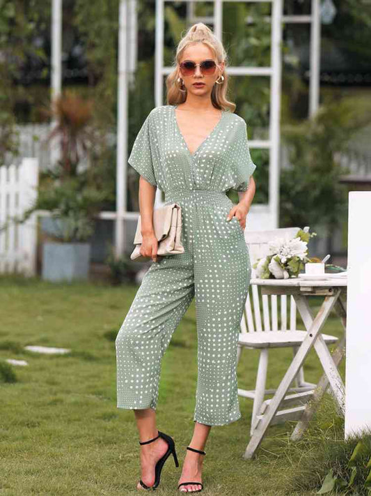 Polka Dot Surplice Neck Jumpsuit with Pockets