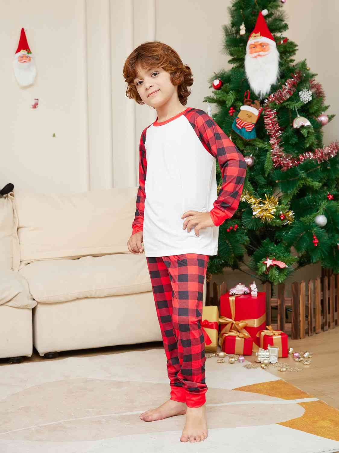 Matching Kids 2T-14 White/Red/Black Plaid Pajama Set