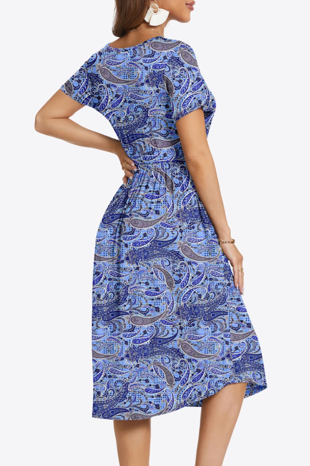 Printed Surplice Neck Short Sleeve Dress with Pockets