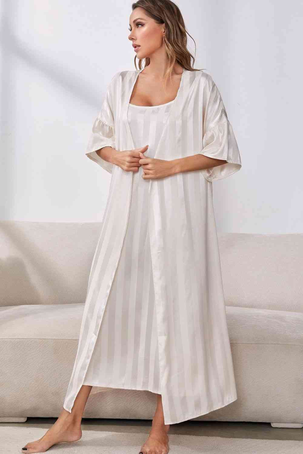 Striped Open Front Robe and Cami Night Gown Set