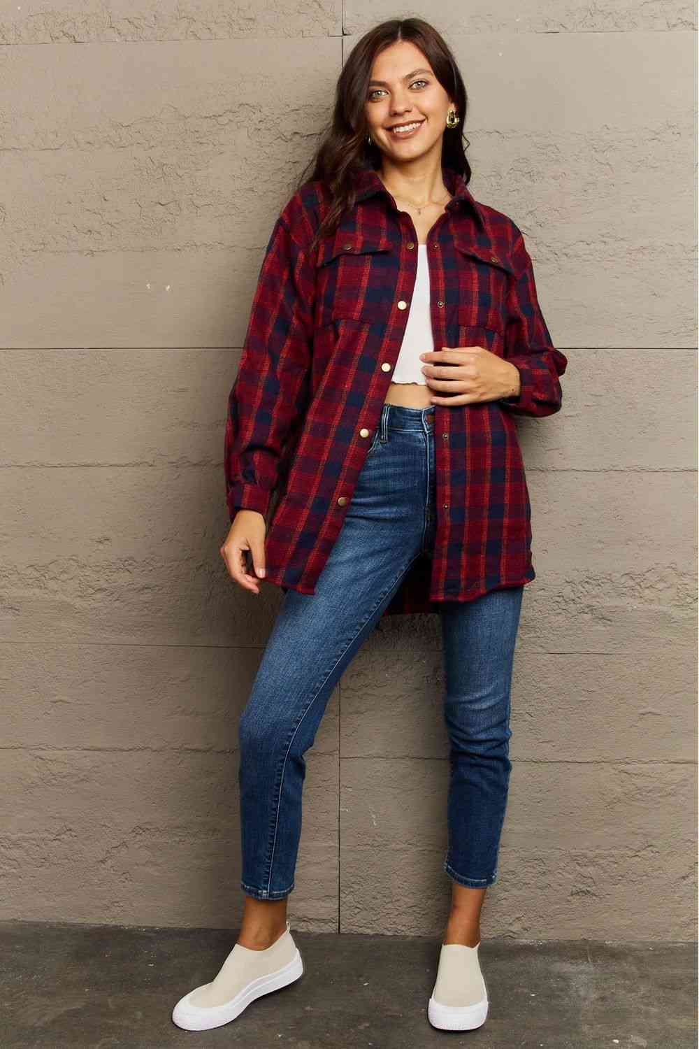 Ninexis Full Size Plaid Collared Neck Button-Down Long Sleeve Jacket