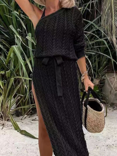 Slit Openwork Single Shoulder Knit Swim Dress (7 Variants)