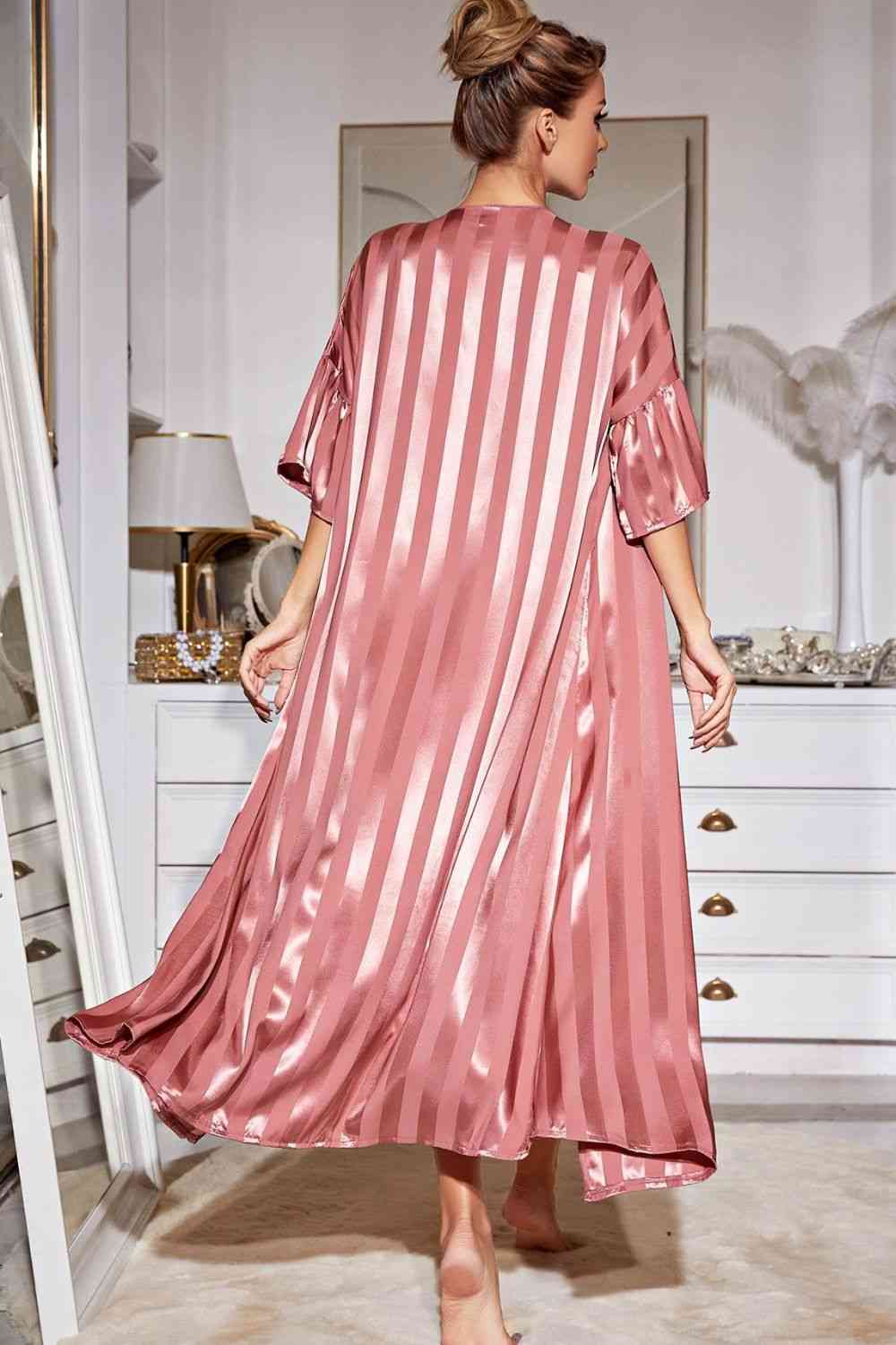 Striped Open Front Robe and Cami Night Gown Set