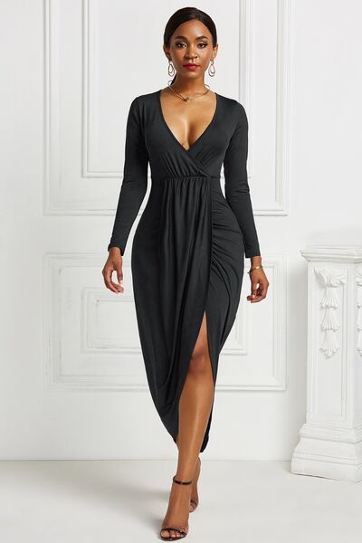 High-low Ruched Surplice Long Sleeve Dress (7 Variants)