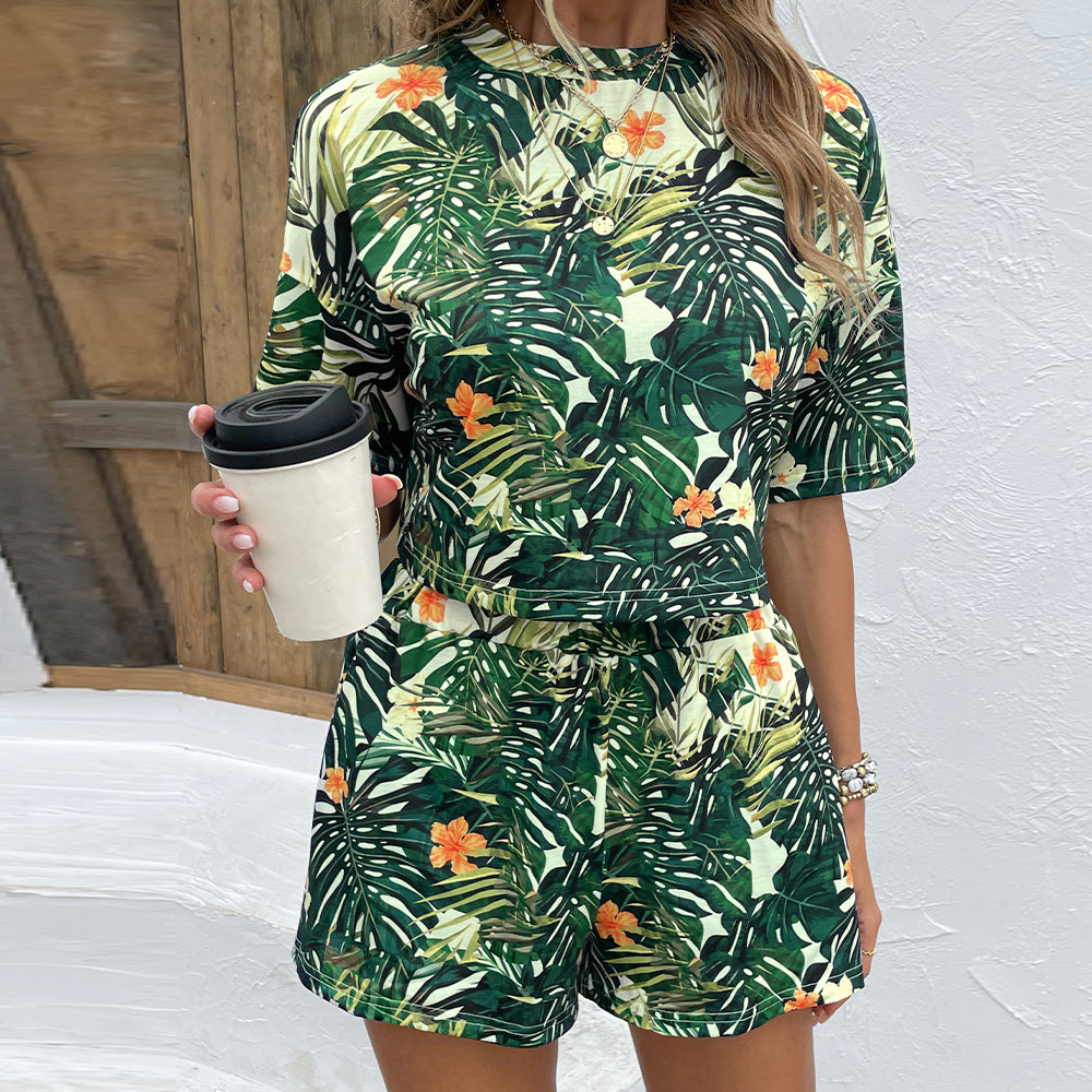 Green Palm Leaves Print Shirt & Shorts Set