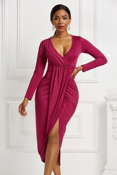 High-low Ruched Surplice Long Sleeve Dress (7 Variants)