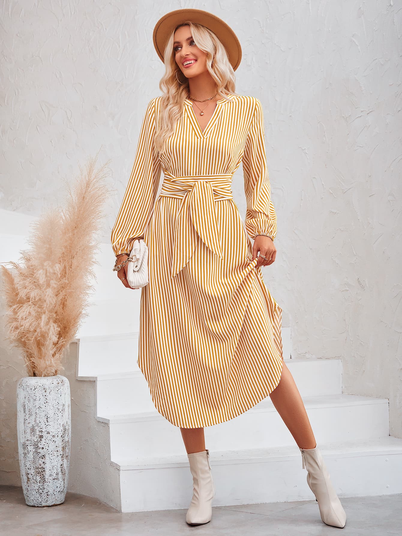 Striped Notched Neck Curved Hem Long Sleeve Dress (3 Variants)