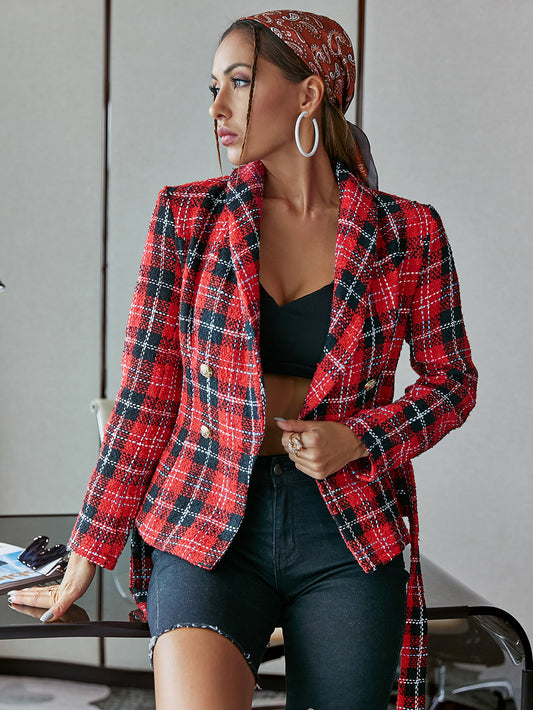 Plaid Tie-Waist Double-Breasted Blazer