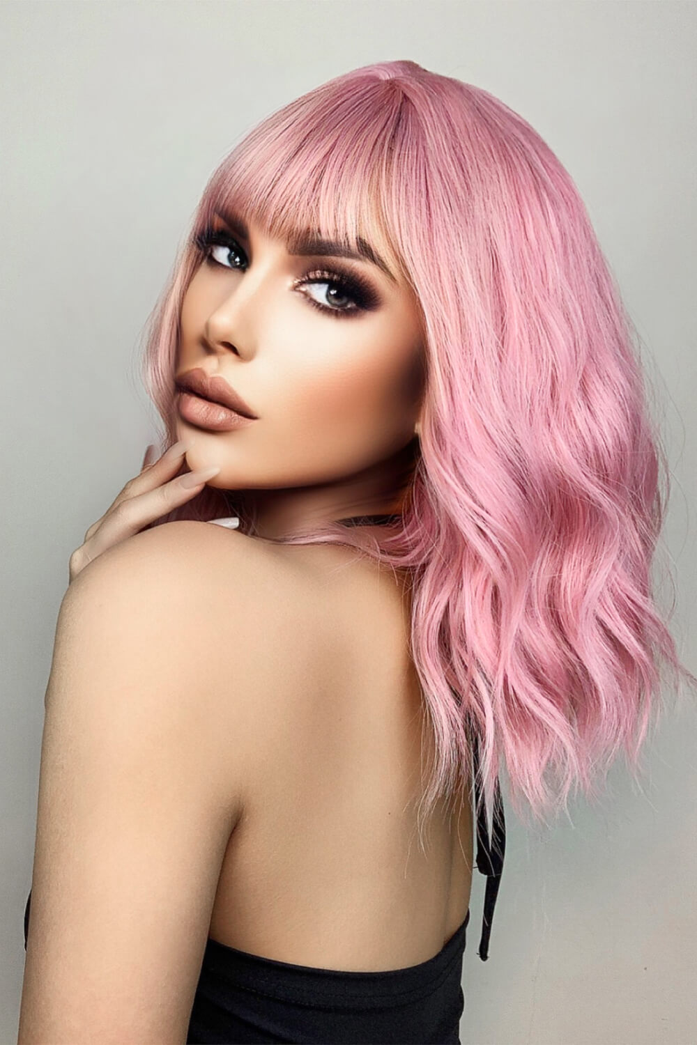 12" Pink / Copper Beach Wave Synthetic Wig With Bangs