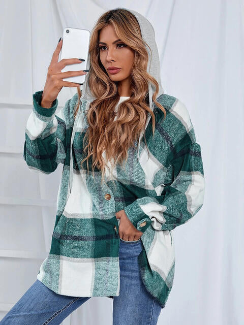 Plaid Hooded Jacket with Pockets