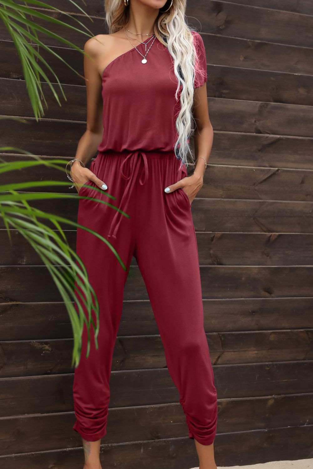 Drawstring Waist One-Shoulder Jumpsuit with Pockets (3 Variants)