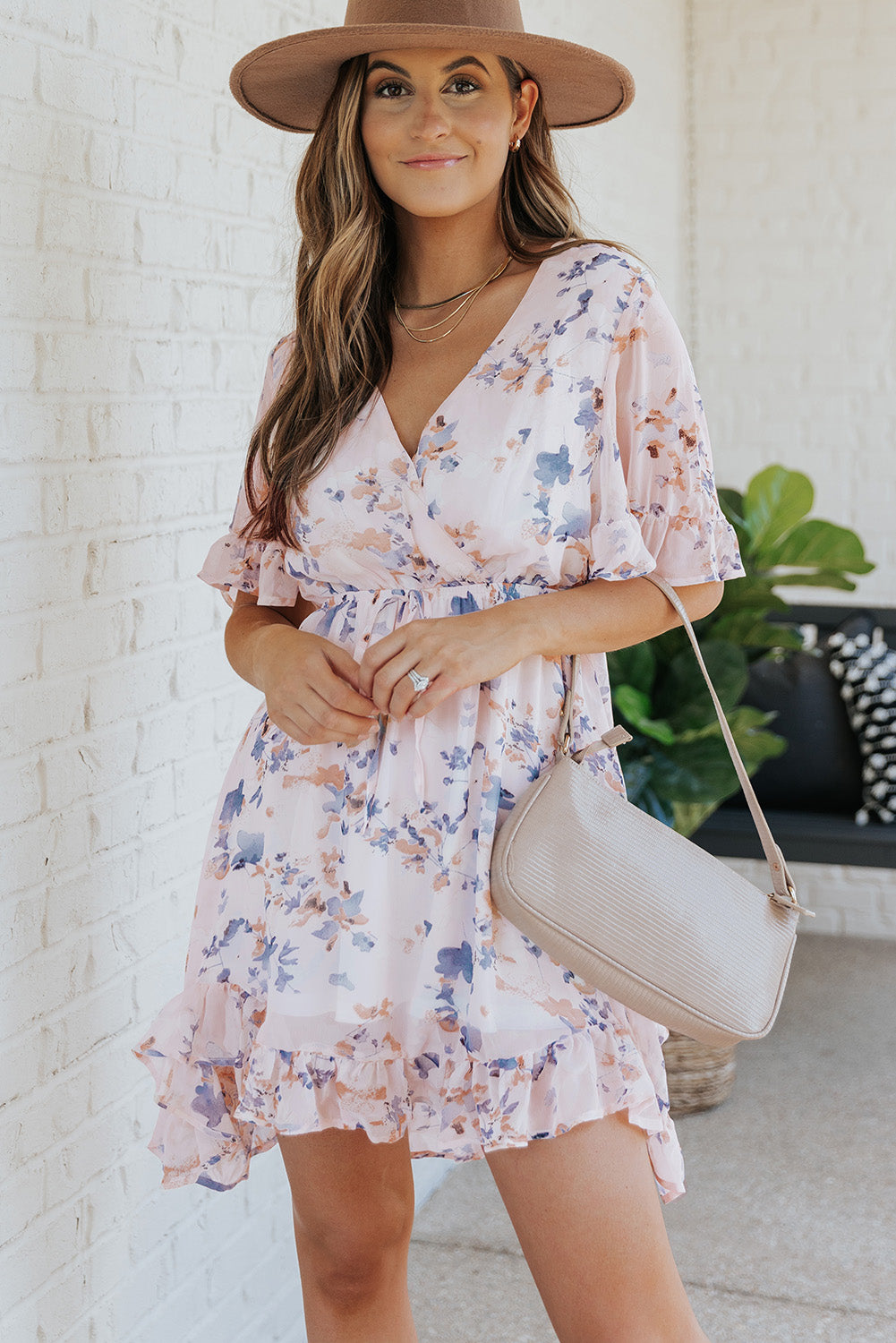 Floral Drawstring Waist Ruffled Surplice Dress