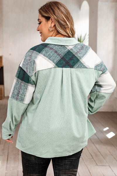 Plus Size Plaid Snap Down Jacket with Pockets