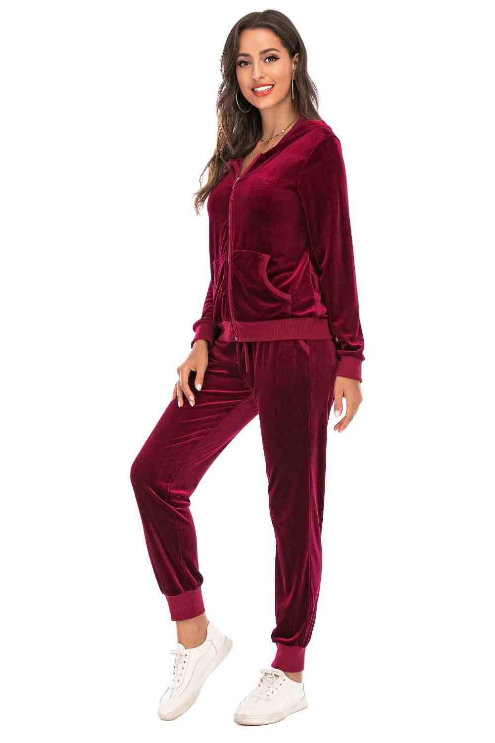 Velour Styled Zip-Up Hoodie and Pants Set