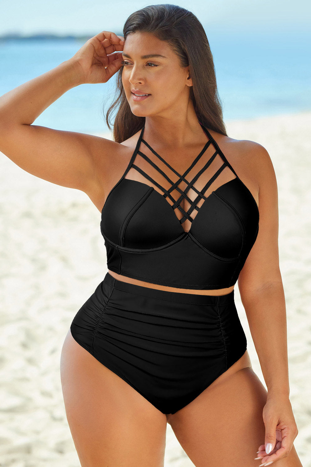 Halter Neck Crisscross Ruched Two-Piece Swimsuit (2 Variants)