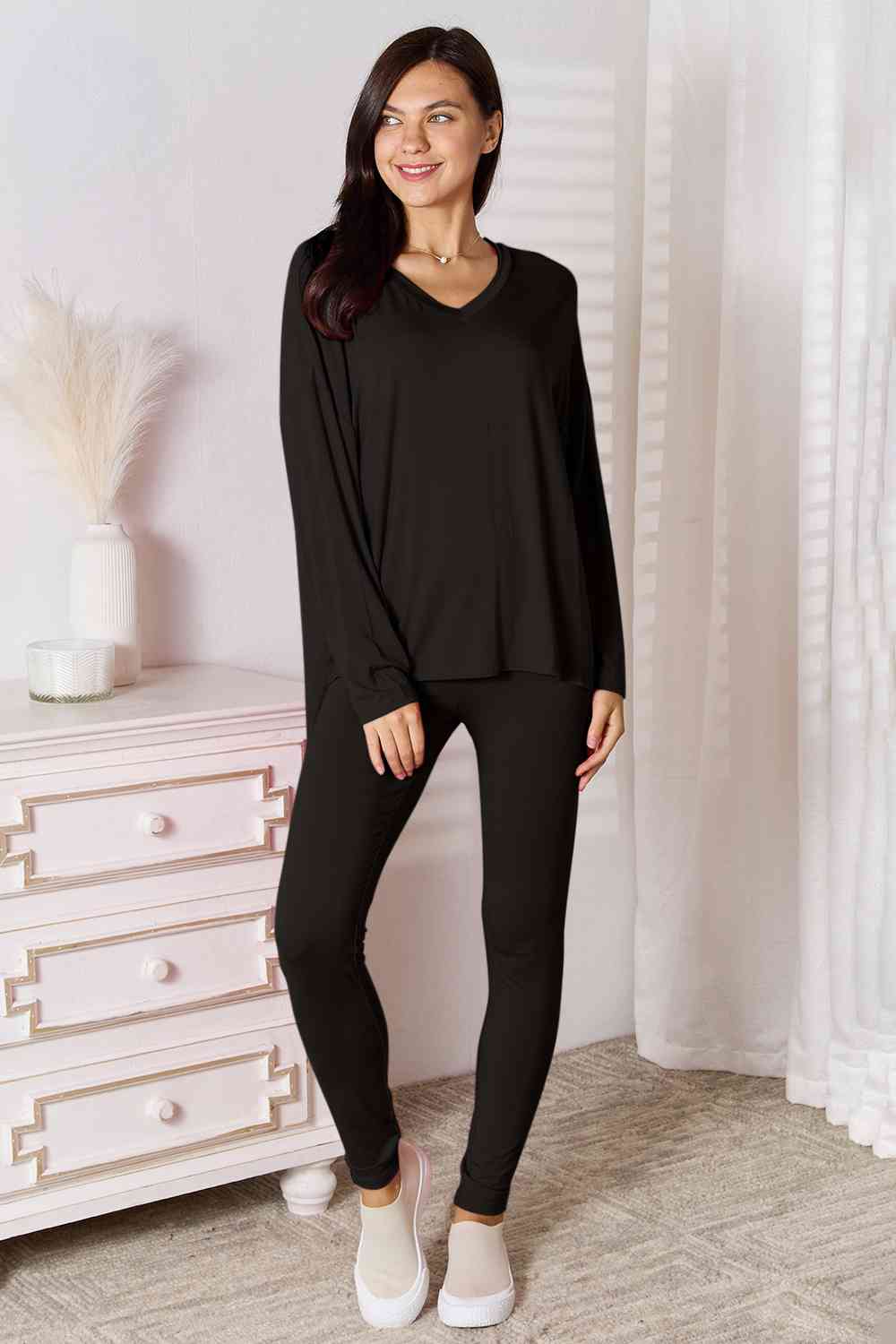 Full Size V-Neck Soft Rayon Long Sleeve Lounge Set