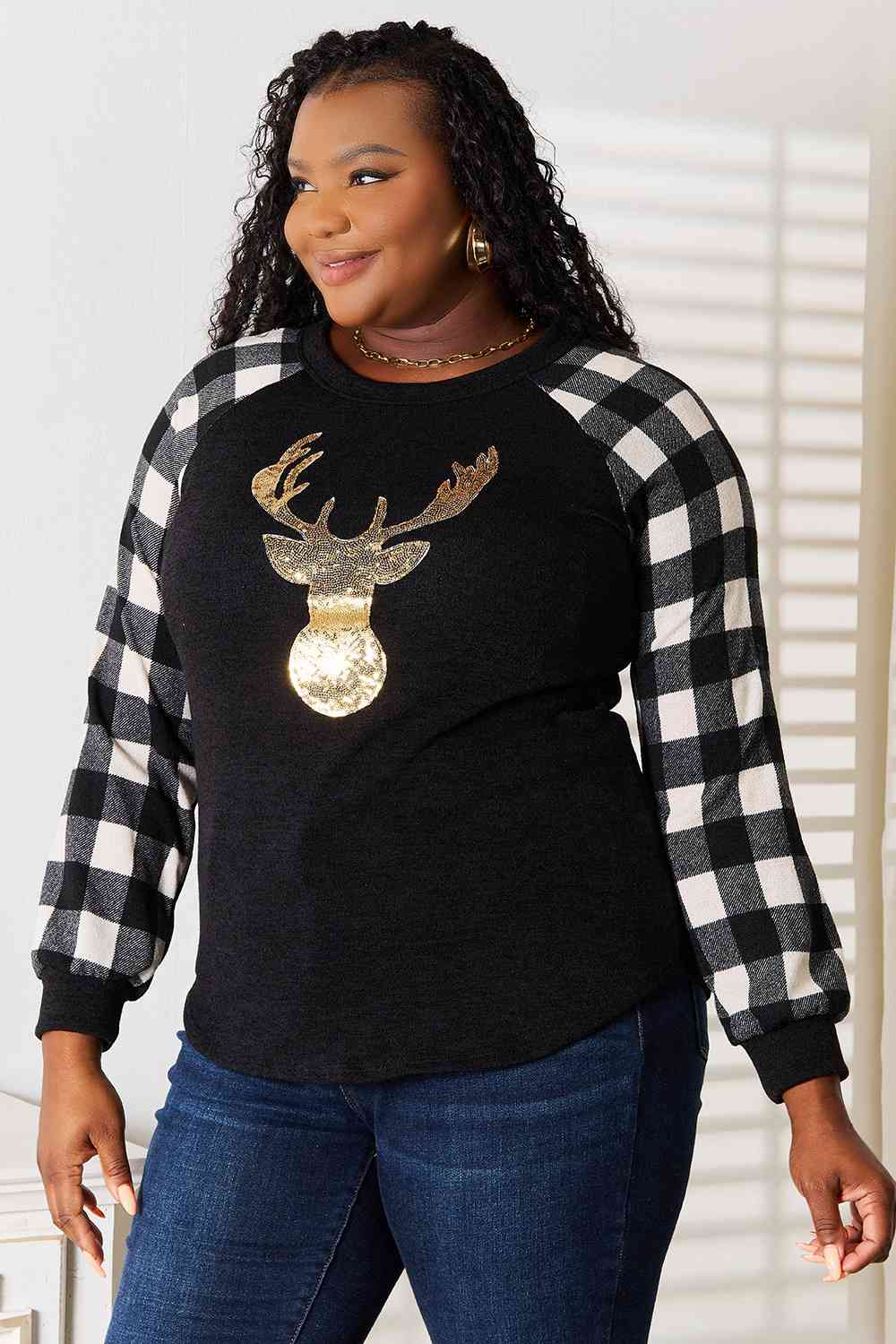 Heimish Full Size Sequin Reindeer Plaid Top