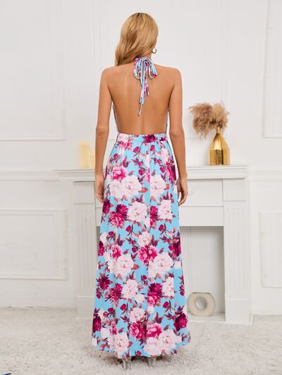 Slit Backless Printed Halter Neck Dress (2 Variants)