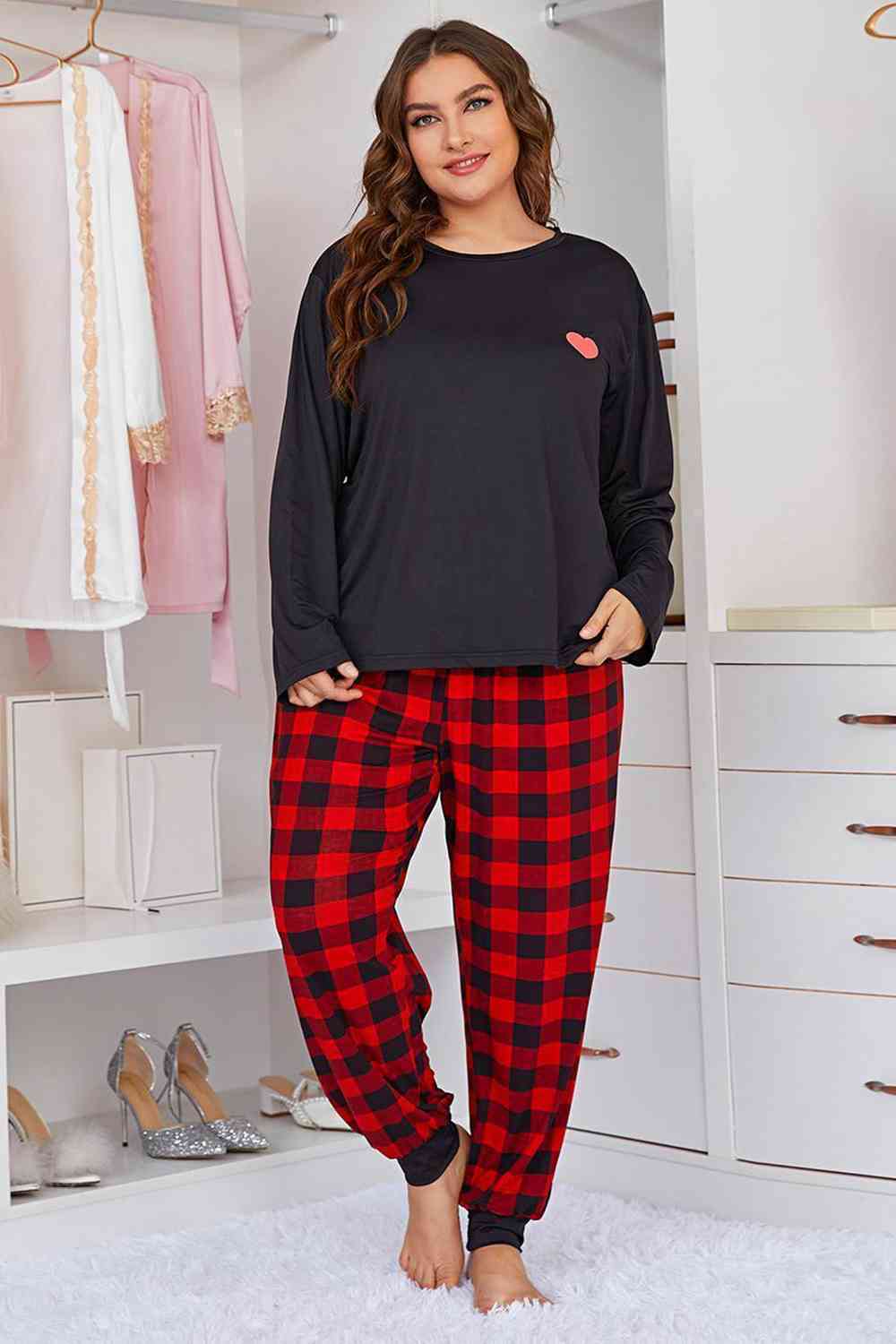 Plus Size Heart Top and Plaid Joggers Lounge Set