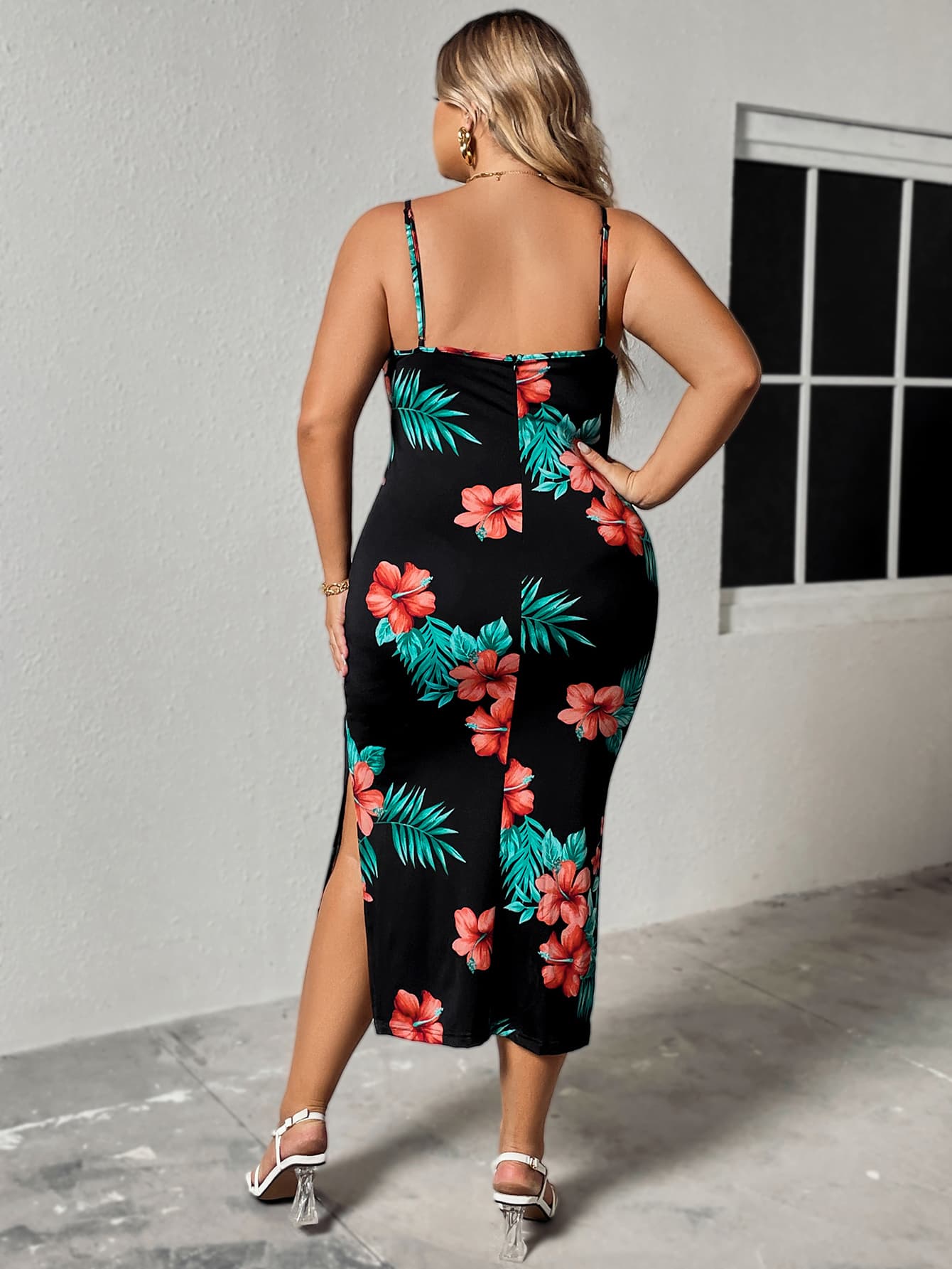 Fabulously Floral Full Size Spaghetti Strap Ruffled Slit Dress