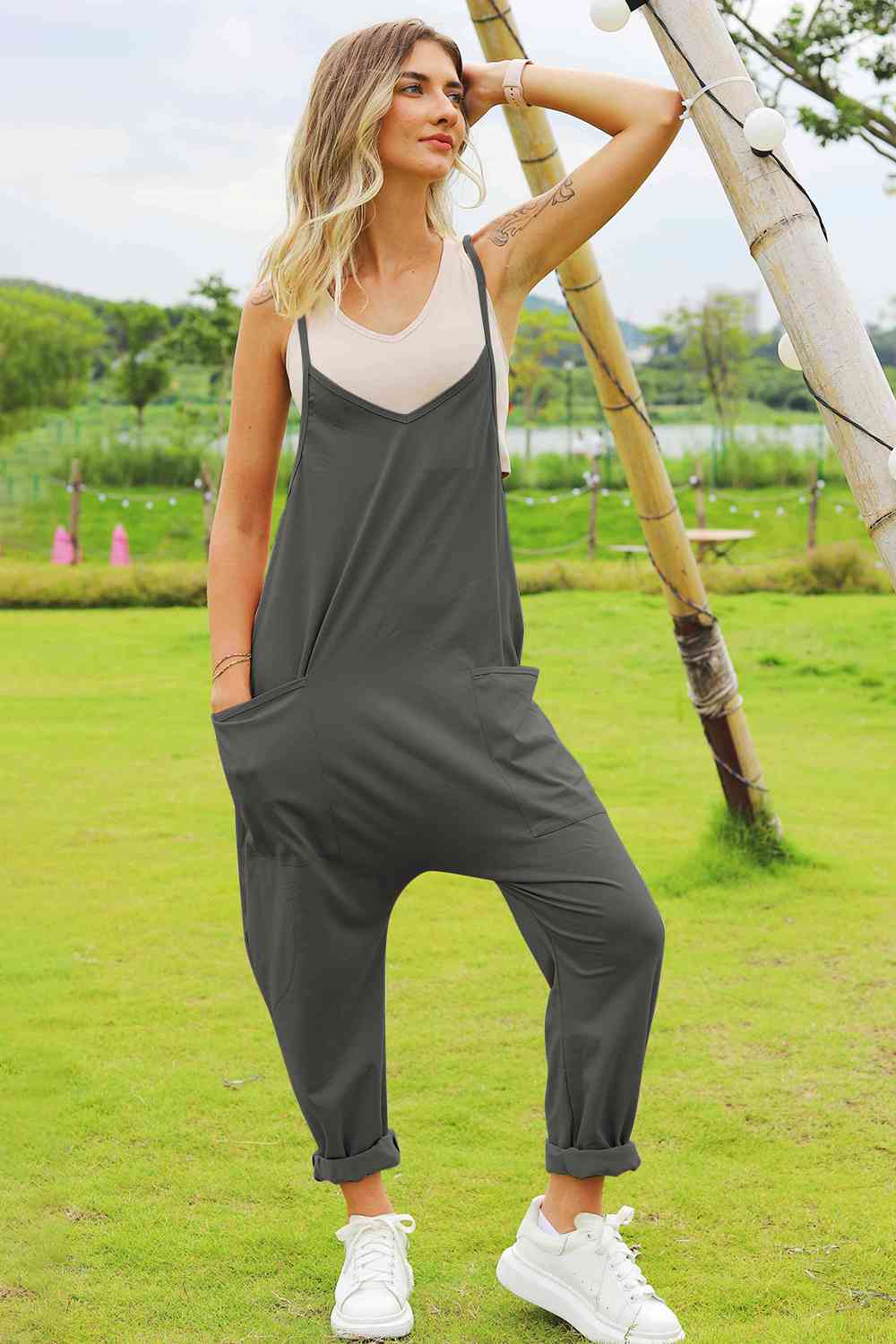 Double Take Full Size Sleeveless V-Neck Pocketed Jumpsuit (4 Variants)