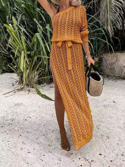 Slit Openwork Single Shoulder Knit Swim Dress (7 Variants)