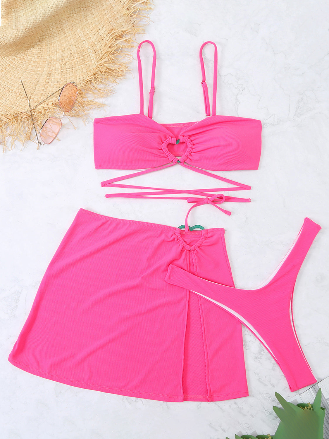 Cutout Spaghetti Strap Three-Piece Swim Set (4 Variants)