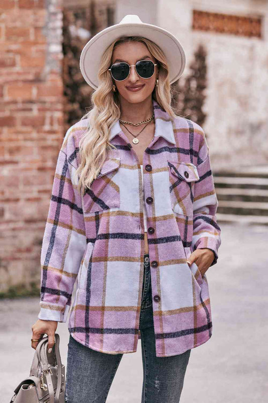 Plaid Long Sleeve Shirt Jacket with Pockets