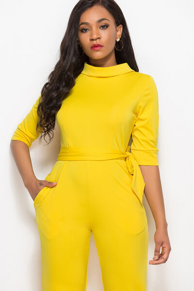 Mock Neck Tie-Waist Half Sleeve Jumpsuit (7 Variants)