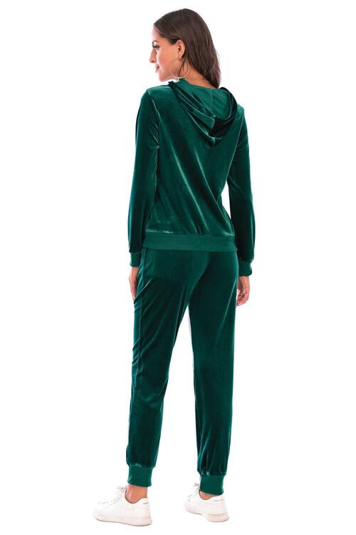 Velour Styled Zip-Up Hoodie and Pants Set