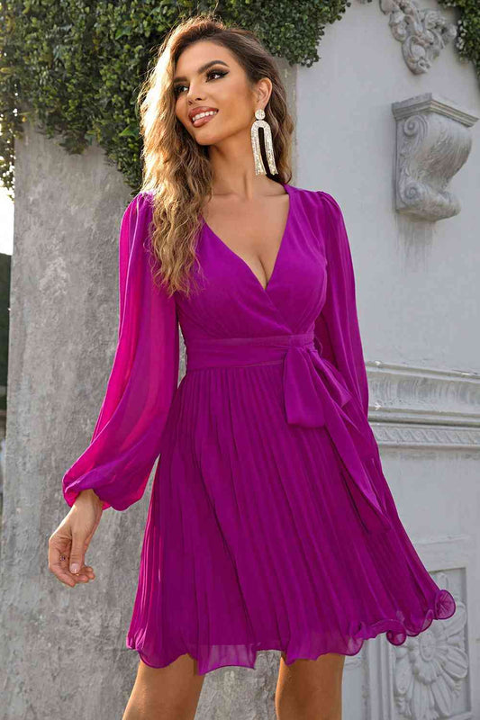 Fuchsia Give-It-A-Whirl Tied Front Accordion Dress