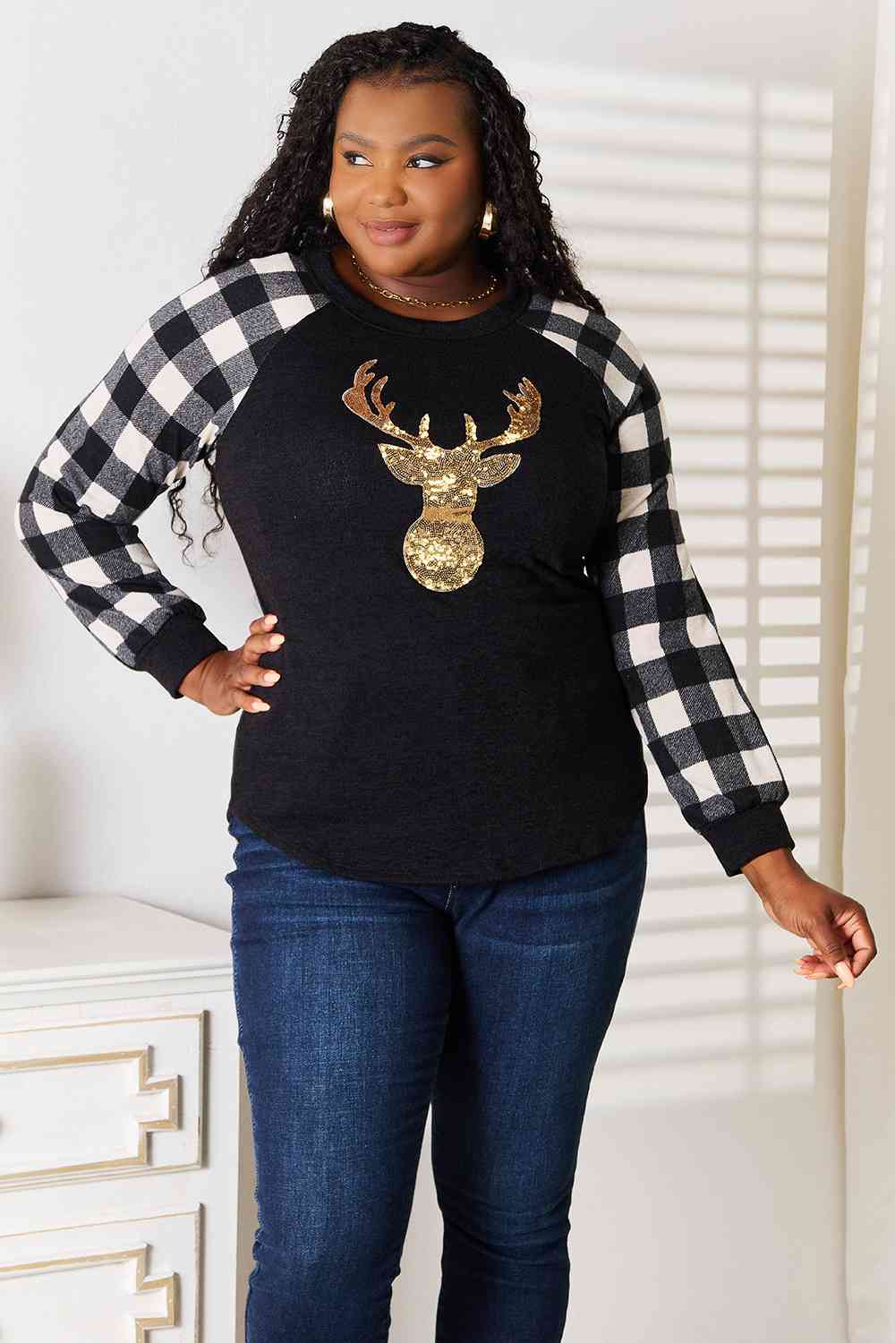 Heimish Full Size Sequin Reindeer Plaid Top