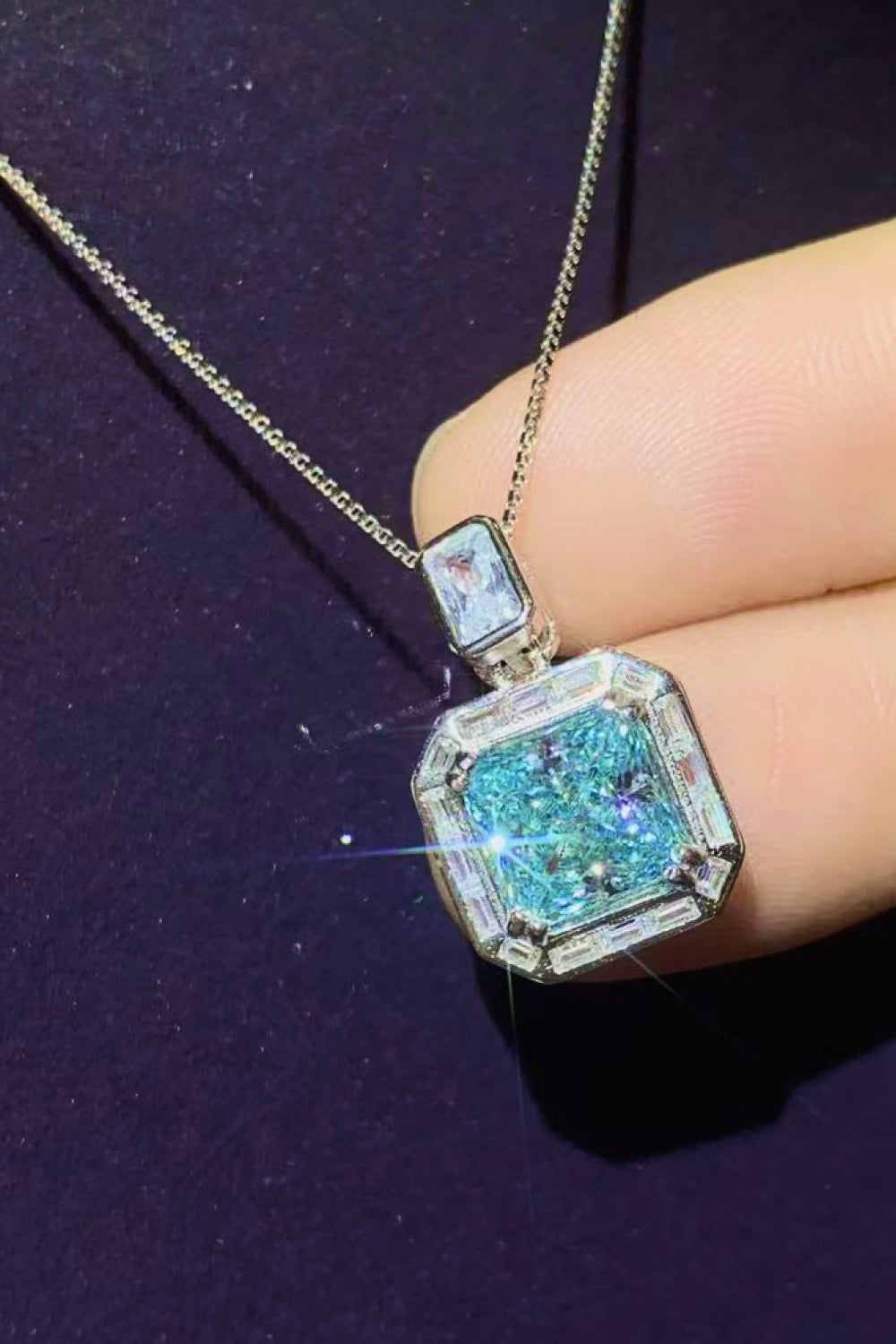 2 Carat Moissanite Square Teal Pendant Necklace