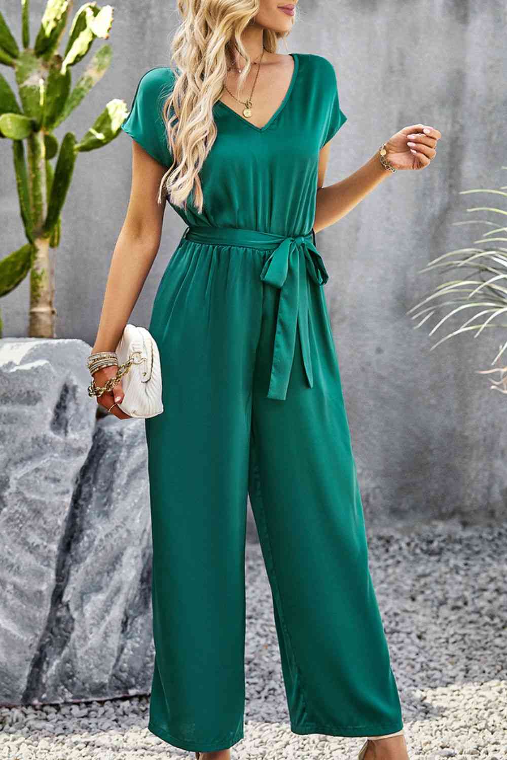 Tie Belt V-Neck Short Sleeve Jumpsuit (3 Variants)