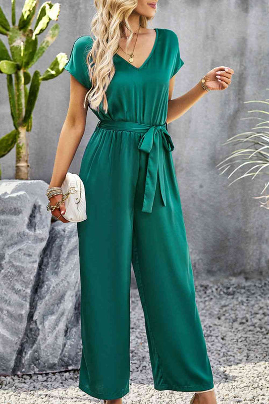 Tie Belt V-Neck Short Sleeve Jumpsuit (3 Variants)