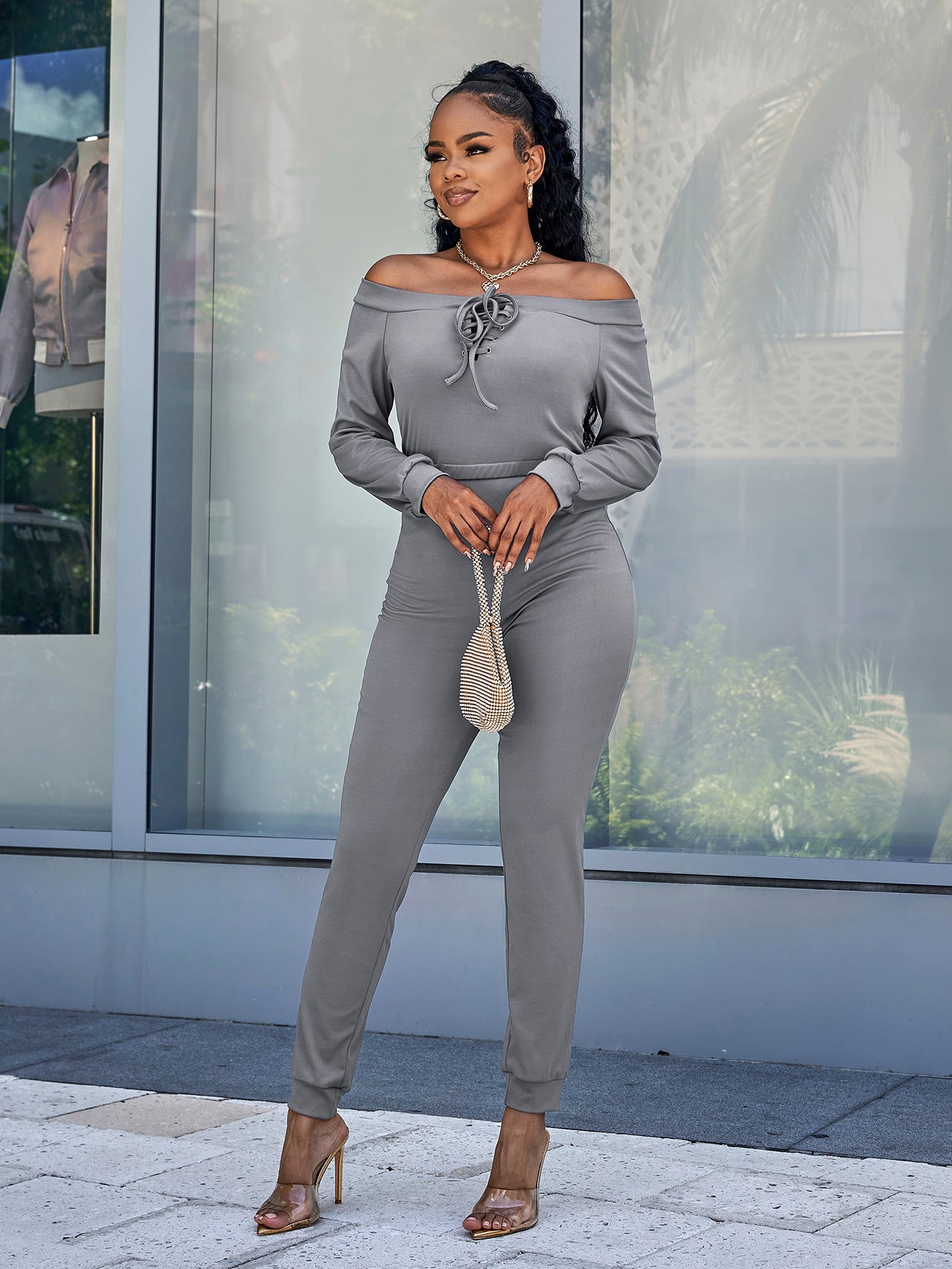 Lace-Up Off-Shoulder Long Sleeve Jumpsuit (3 Variants)