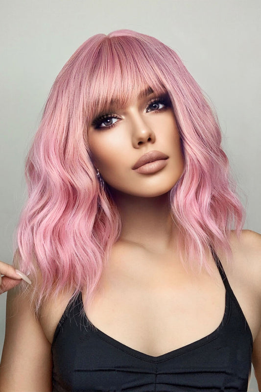 12" Pink / Copper Beach Wave Synthetic Wig With Bangs