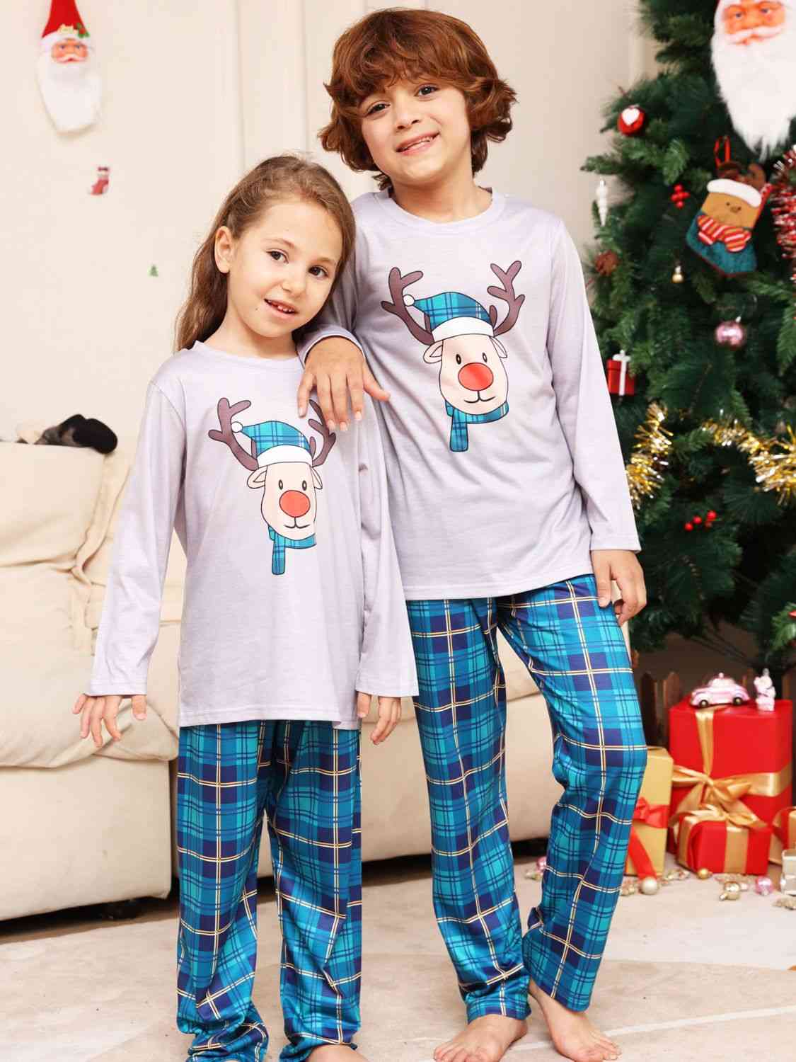 Matching Kids 2T-14 Gray/Blue Rudolph Pajamas Set