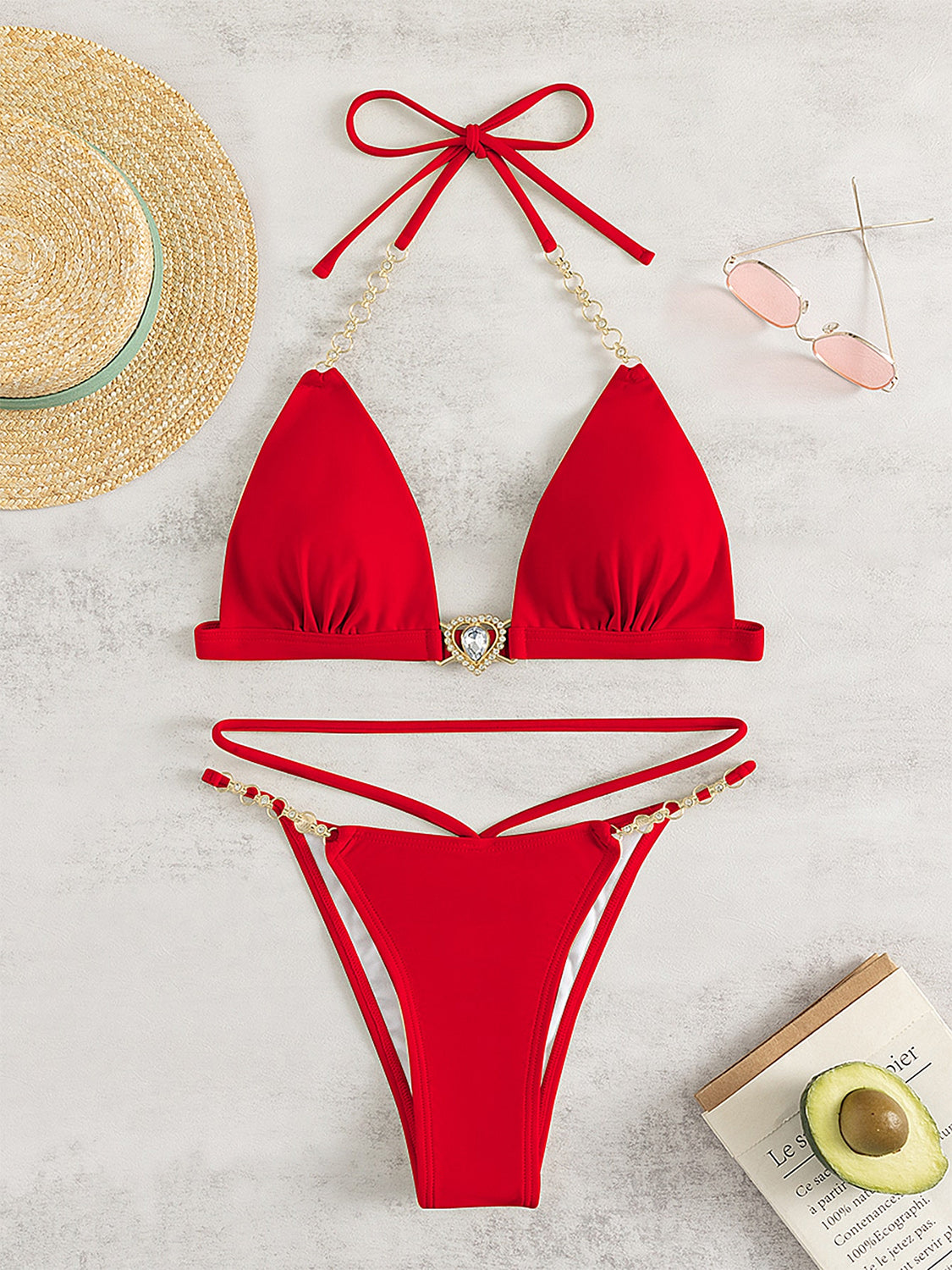 Chain Tied Heart-Stone Swim Bikini Set (3 Variants)