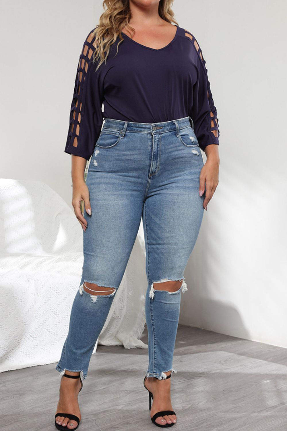 Confident Cutout Full Size Three-Quarter Sleeve Blouse