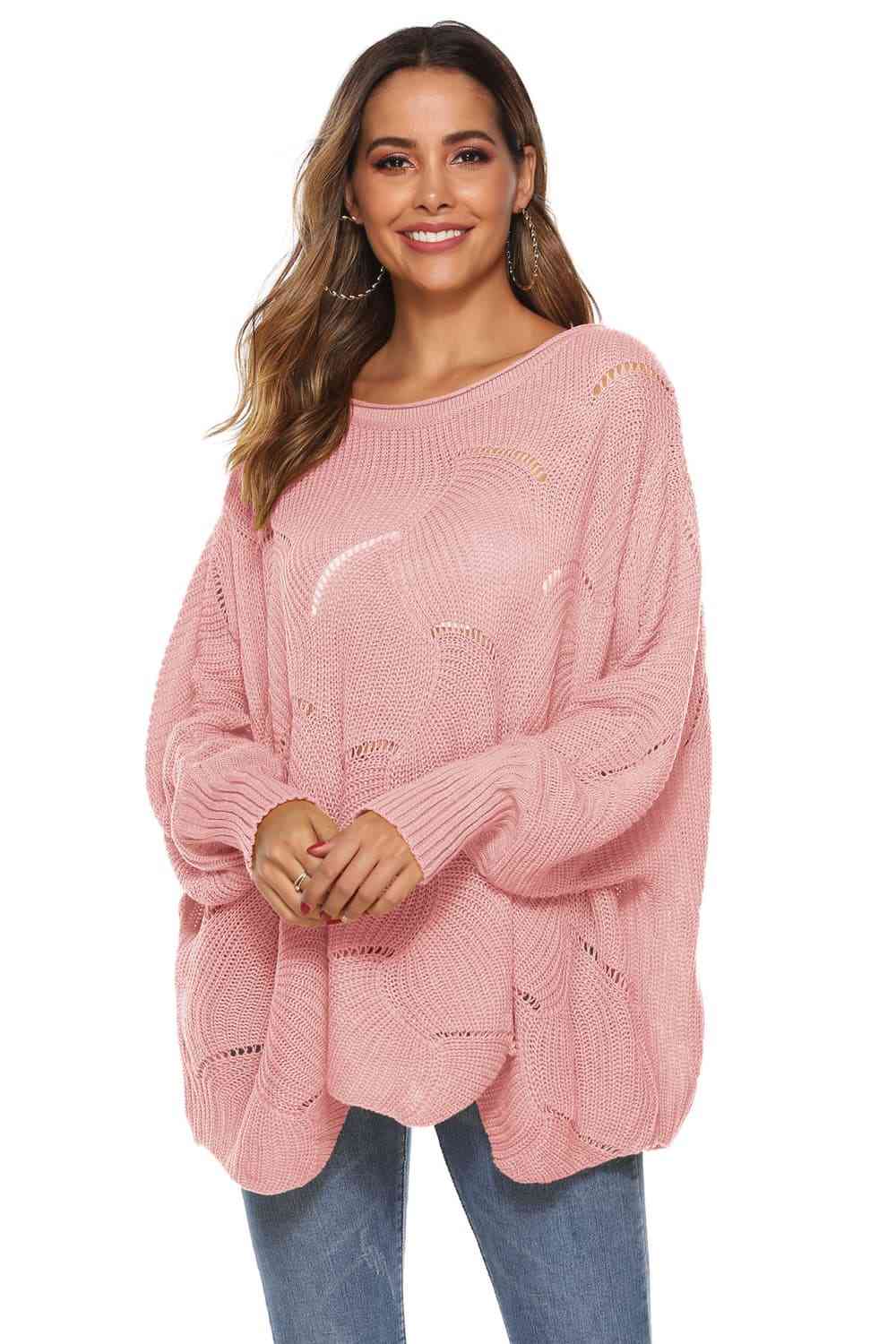 Round Neck Long Sleeve Openwork Sweater