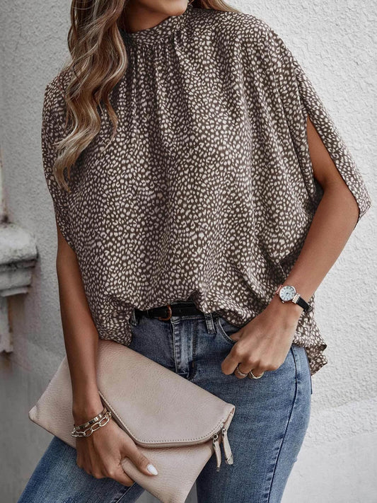 Tied Printed Mock Neck Half Sleeve Blouse