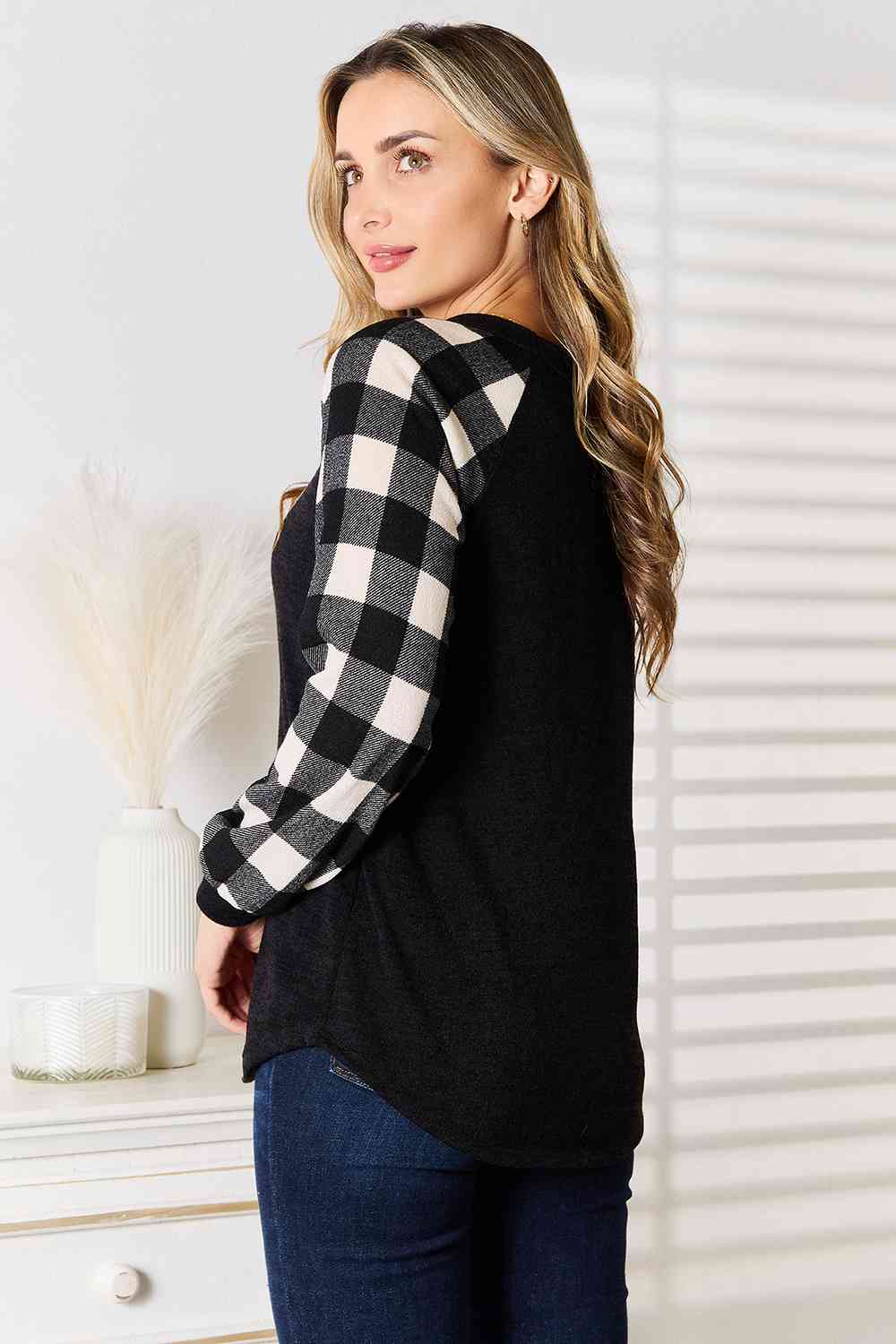 Heimish Full Size Sequin Reindeer Plaid Top